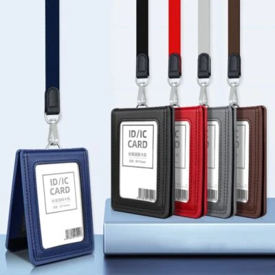 ID Card Holder with Lanyard Cowhide Leather Office Card Case Doctor Badge Holder