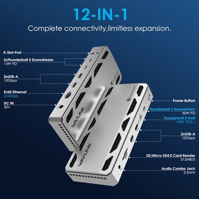 WAVLINK Intel Certified Thunderbolt 5 Dock 12-in-1 Hub MAX 140W PD up to 120Gbps