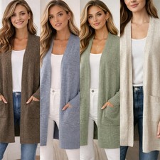 EX BRANDED Soft Plain Pocket Open Front Midi Womens Cardigan SIZE S to 3XL