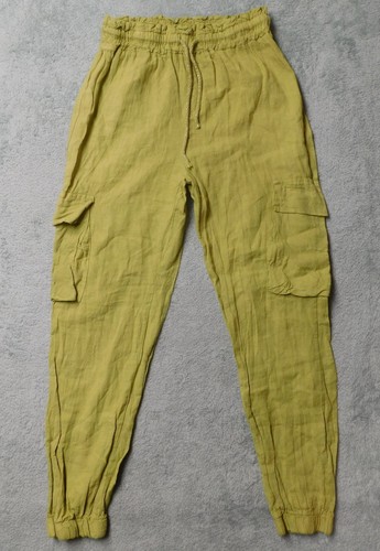 Gigi Moda Woman's Pants 100% Linen Cargo Joggers Y2K 90's Drawstring Beach Green
