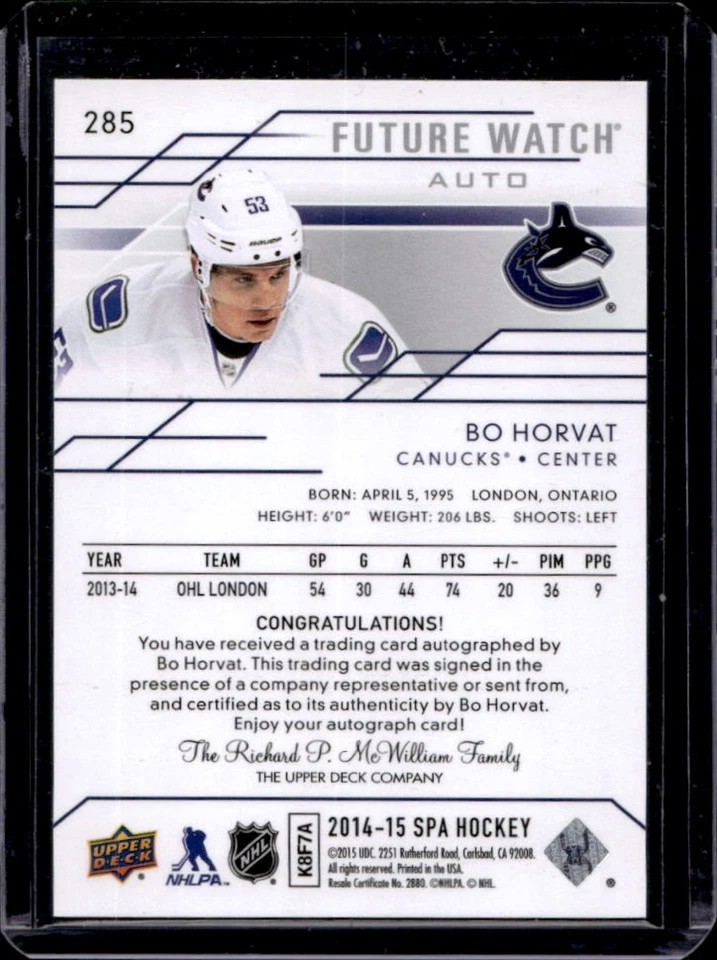 2014-15 SP Authentic Bo Horvat RC Rookie Future Watch Auto #150/999 Canucks - Image 2 of 2