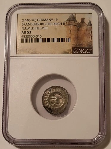 Germany Brandenburg Friedrich II (1440-70) Pfennig Plumed Helmet AU53 NGC