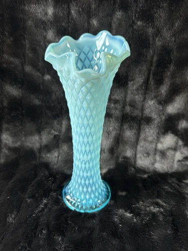 Fenton Glass Vase Diamond Optic Turquoise Opalescent Aqua Blue 11.5”