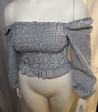 Hello Franki Francesca's Black White Gingham Smocked Crop Top Puff Sleeve sz 12