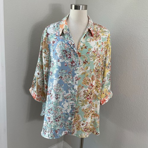 Rose+Olive Womens Plus 1X Floral Button Up Blouse 3/4 Sleeve Shirt Top