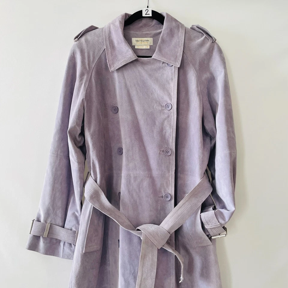 Vintage Bloomingdale's Margaret Godfrey Womens Lavender Suede Trench Coat Sz 14 - Image 3 of 4