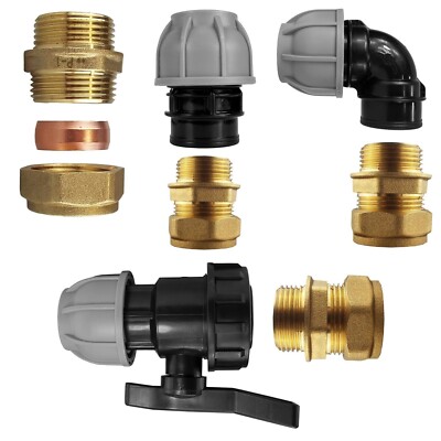 MDPE auf KUPFER Wasserrohr KOMPRESSION Fitting Winkel T-Stück gerade 15,22,28mm