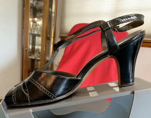 Vintage The United States Shoe Co schwarze Plateau PeepToe T-Riemen Absätze Größe 8B - Bild 3 von 9