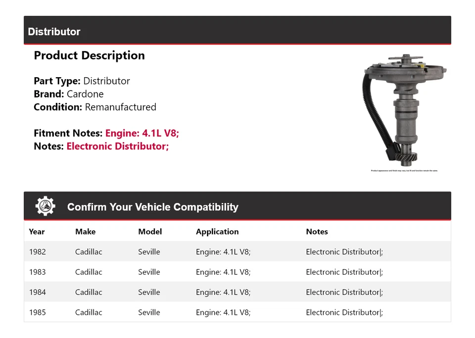 Para Cadillac Seville 1982-1985 4,1 L V8 Distribuidor Cardone 1983 1984 Foto 2 de 4