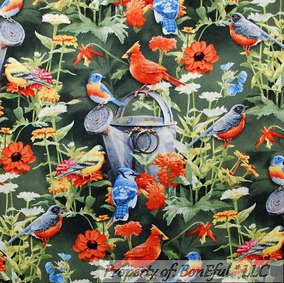 BonEful Fabric FQ Cotton Quilt Green Red Cardinal Bird Robin Flower Blue Jay VTG