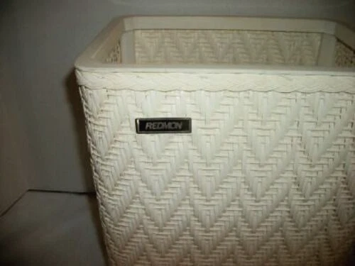 Cottagecore Redmon Creamy Wicker Trash Can Vanity  Excellent 1960s MCM Label - Image 2 of 4