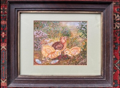Naive Cottage Kunst Aquarell Gemälde von kleinen Hühnern Landschaft L Cotterell