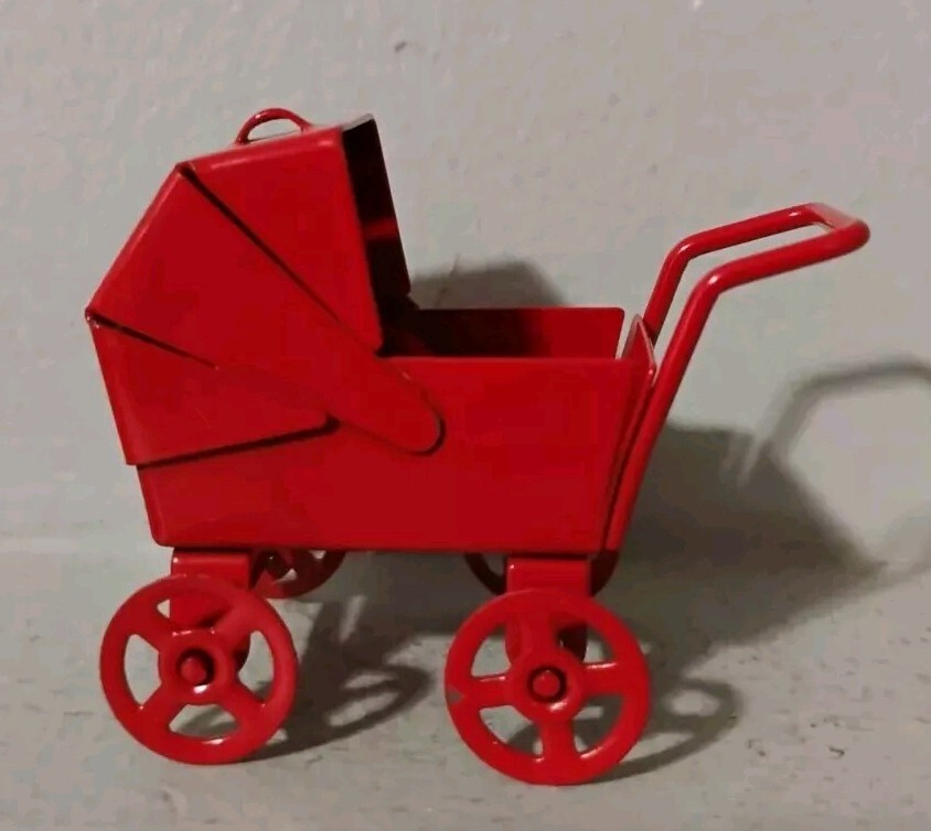 Vintage Red Metal Miniature Toy Baby Pram Carriage Stroller