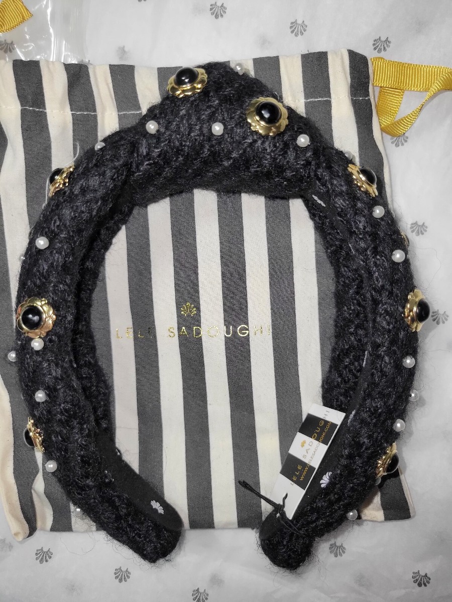 Lele Sadoughi Eva Cabochon Enameled Pearl Stud Tweed Black Knotted Headband Lele Sadoughi Jet Eva Cabochon Knotted Headband NWT | eBay main image 3
