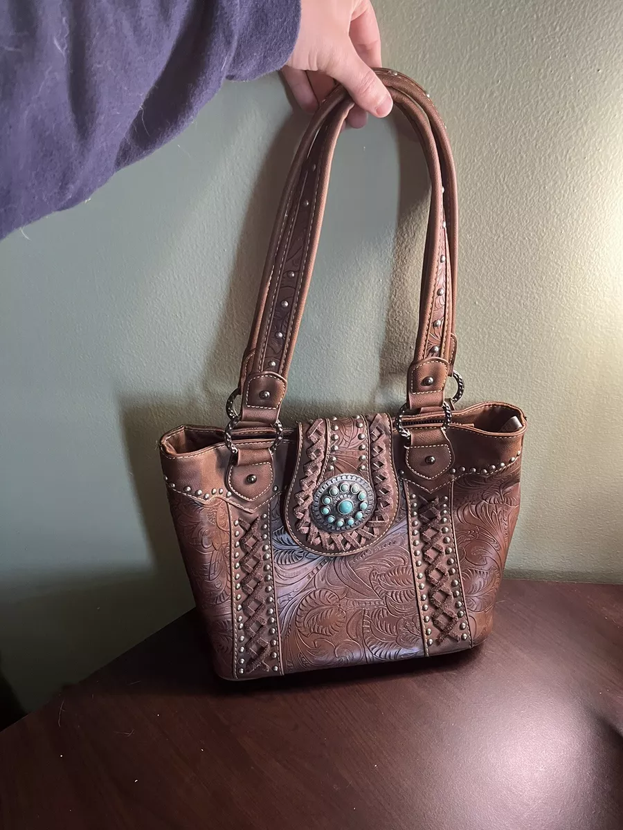 TRINITY RANCH Tooled Leather Concealed Carry Handbag Metal Studs Turqoise