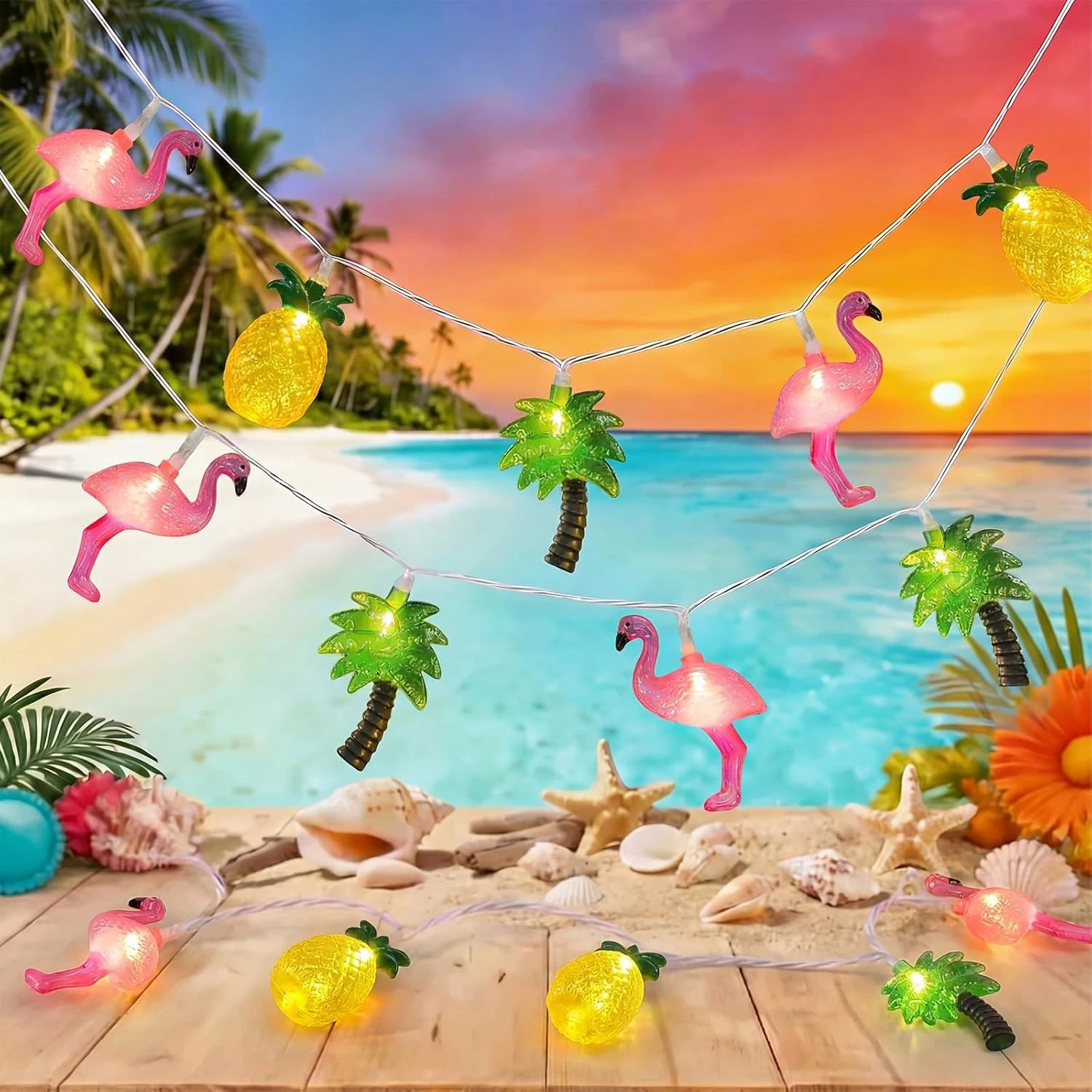 Summer Beach String Lights, 12FT Hawaiian String Lights with 20 LED Flamingo Pin
