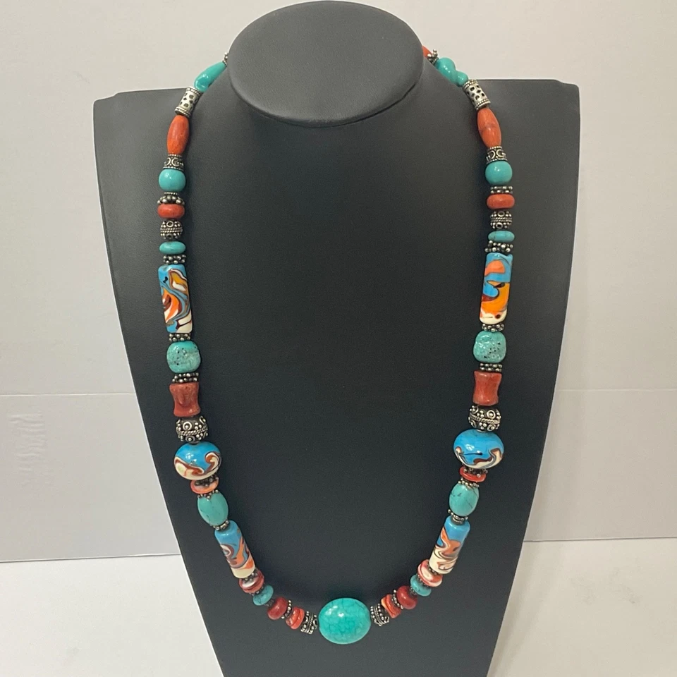 Vtg Turquoise Coral Ceramic & Sterling Silver Beaded Necklace Ethnic Boho 25” - Image 2 of 4