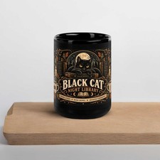 Black Cat Night Library Mug, Gothic Book Lover, Halloween Coffee Cup (11 oz)