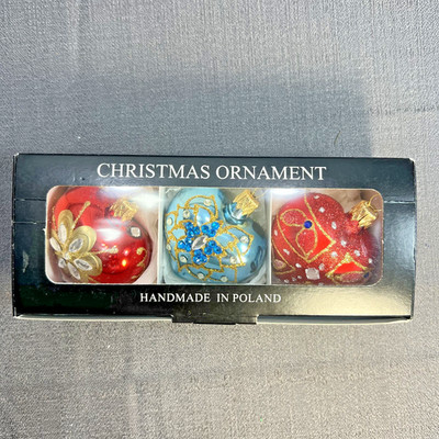 Beautiful Vtg Poland Blown Glass Hand Painted Heart-Shaped Christmas Ornaments