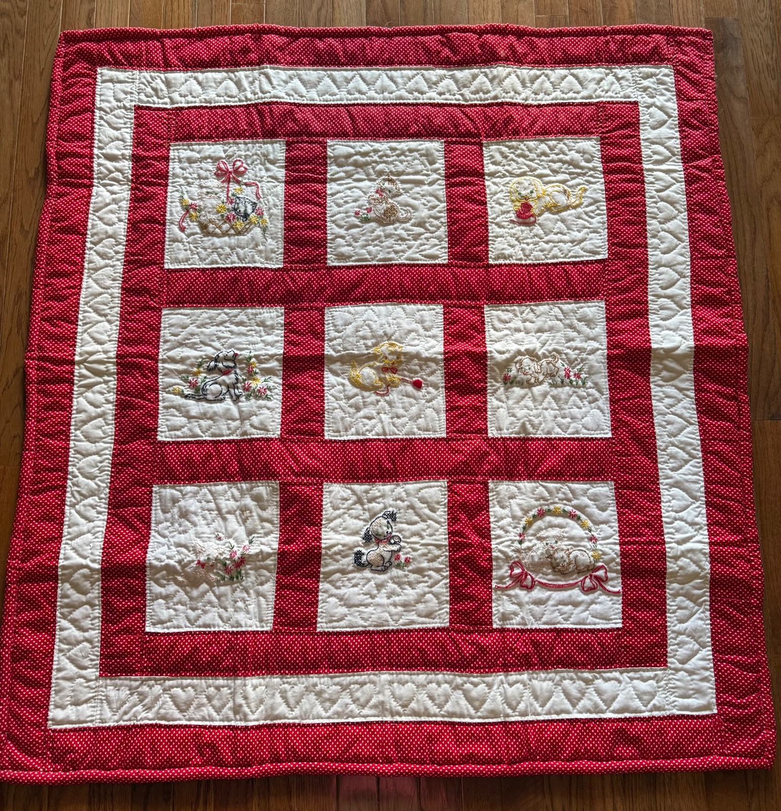 Vintage baby quilt Animals Blanket Baby Cats, Dogs Handmade Embroidered