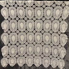 Vintage Hand Crochet Square Ivory White Lace Table Cloth Tablecloth 32x32in