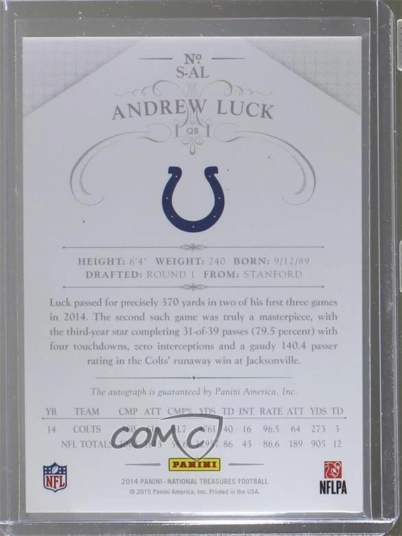 2014 Panini National Treasures Signatures Silver /10 Andrew Luck #S-AL Auto - Image 2 of 2