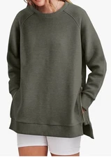 ANRABESS Women’s Oversized Sweatshirt Crewneck Side Zippers Sweater Medium Green
