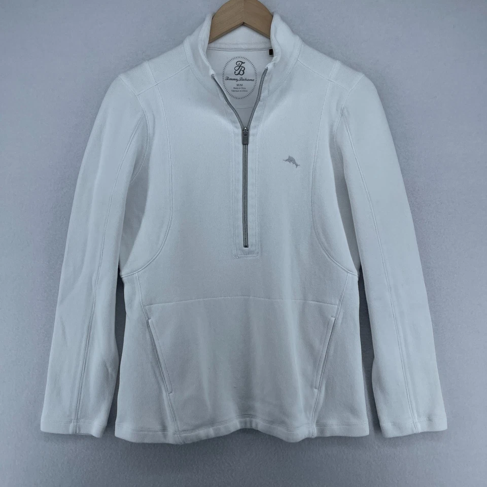 TOMMY BAHAMA Sudadera Mujer M Aruba 1/2 Cremallera Pullover Elástico Algodón Blanco Foto 2 de 4