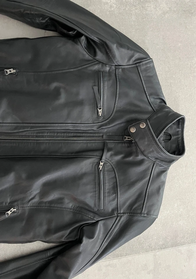 NEW NYC Cafe Racer Black Leather Motorcycle Jacket Medium Biker Zip Snap Collar - Image 2 of 4