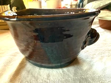 Pottery Stoneware Brown and Multicolor Batter Mixing Bowl With Spout Vtg 8w x 5H