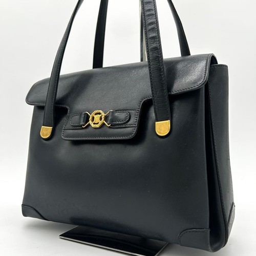 Celine Trifold Leather Handbag Black Flap Gold Women Used Authentic