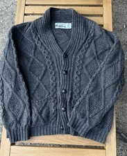 Aran Crafts Irish Fisherman Shawl Cardigan Chunky Cable Knit Merino Wool L Gray