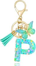 Purple-Blue Pink Green Resin Alphabet Initial Letter Keychain Tassel Butterfly K