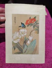 VTG Chinese Silk Painting Hand Painted Watercolor Flowers Blue Butterfly Signed