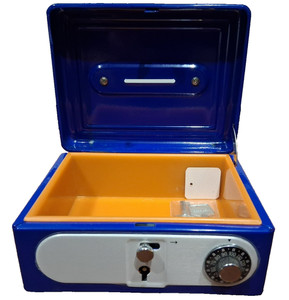5 X 3.75 X 1.5 In. Personalized Blue Metal Cash Box with False Orange Bottom