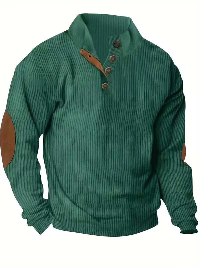 Sudadera informal a rayas con cuello alto, cuello henley y parches en los codos - Picture 1 of 5