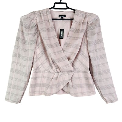 Women's Express Pink Plaid Blazer Jacket V-Neck Long Sleeve Size L