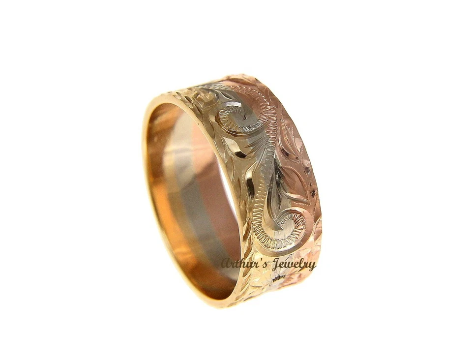 14K YELLOW WHITE ROSE TRICOLOR GOLD ENGRAVED HAWAIIAN PLUMERIA SCROLL 8MM RING - Image 4 of 4