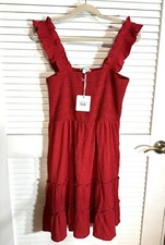 Davi & Dani Dress Large Alexis Smocked Red Boho Tiered Pockets Women NWT