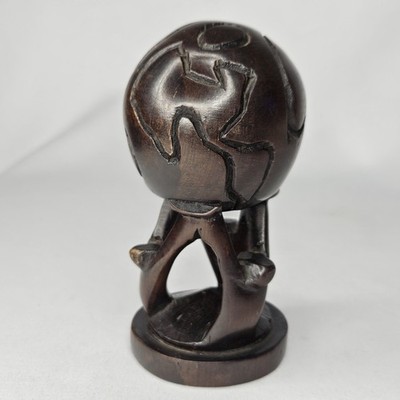 5'' Wooden Carving of 3 People Figures Holding Up The World Globe Earth Sculpture