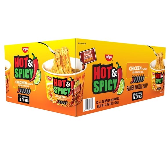 Tazón de sopa de fideos ramen picante y picante Nissin, sabor pollo, 3,32 oz., 12 paquetes
