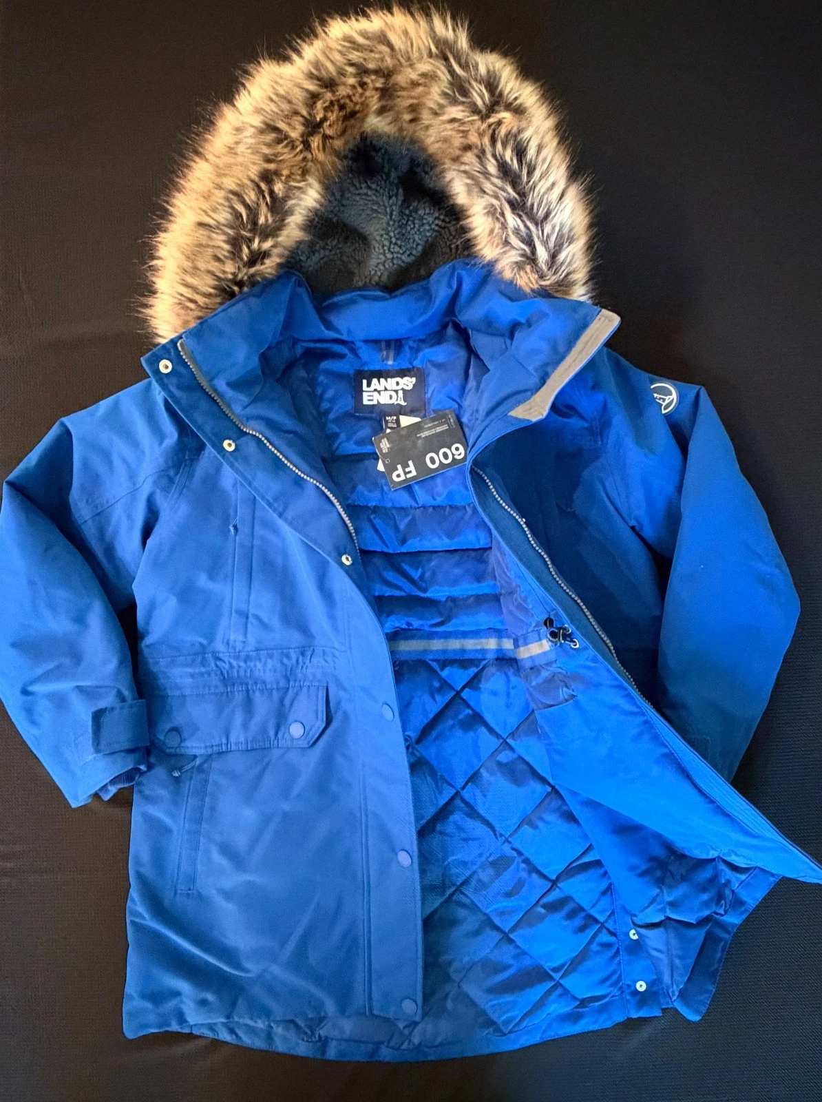 Lands’ End Women’s Expedition Down Waterproof Winter Parka M Blue Faux Fur Hood image 7