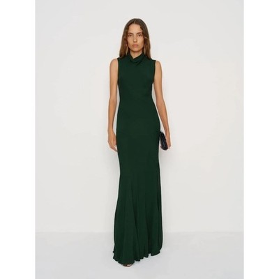 NWT Reformation Alizee Dress Forest Green Mock Neck Chiffon Maxi Gown Slvless 4