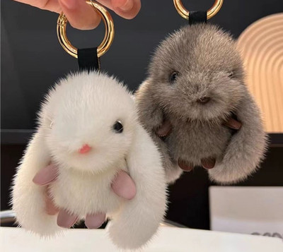Plüsch Hase Taschenanhänger Schlüsselanhänger- wie echte Kaninchenfell  weiß