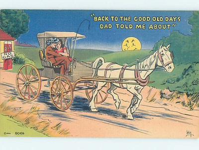 #ad Linen comic WHITE HORSE AND CARRIAGE PASS BY GAS STATION : clearance HL3486@ $1.49