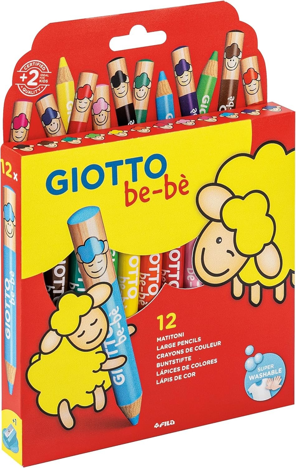 12 Giotto Be-Be Kids Jumbo Chunky Wood Colouring Pencil Crayons & Sharpener BeBe