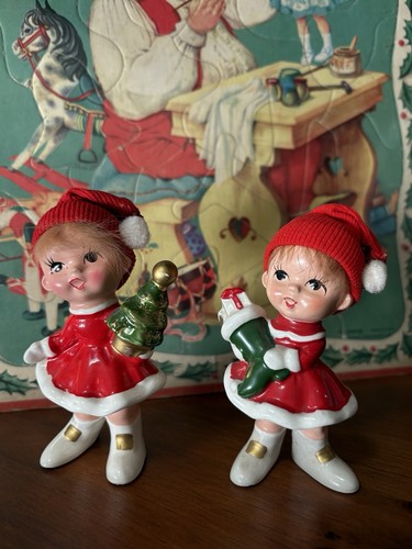 Vintage Napco Girl Figurines w/ Christmas Tree & Boot | Light Faux Hair Set of 2
