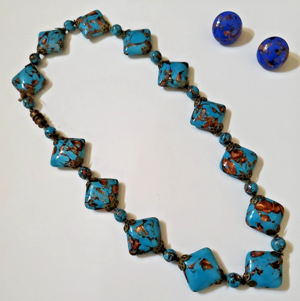European Turquoise Glass Bead Necklace & Earrings Gorgeous Colors - Image 2 of 4