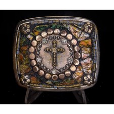 Rustic Mosaic Stained Glass Belt Buckle with Western Cross