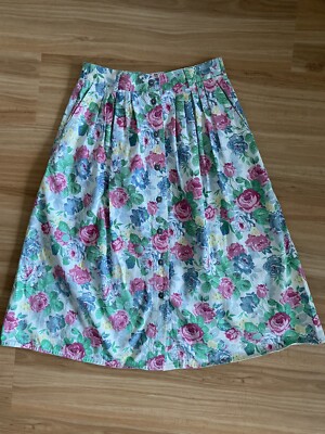 Vintage 80s 90s Floral Rose Print Denim Skirt Front Button Pastelkei